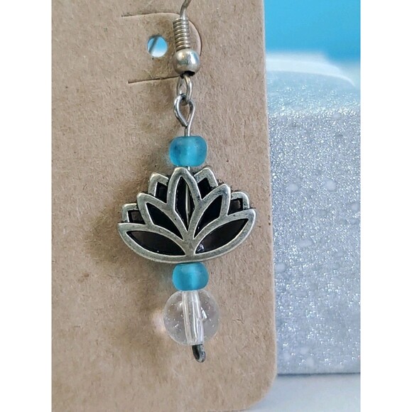 Lotus Flower Earrings Dangle Drop Boho Beaded Sliver Tone - Picture 2 of 5